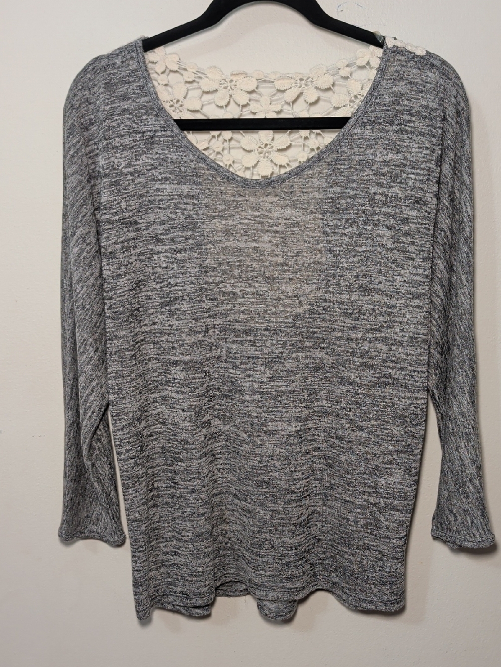 new directions Gray Marled Long Sleeve Knit Top with Lace Yoke Back Women Size M